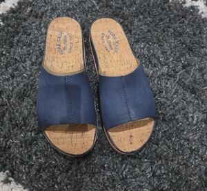 Kork-Ease Navy Leather Open-Toe Slide Mules Size 9M